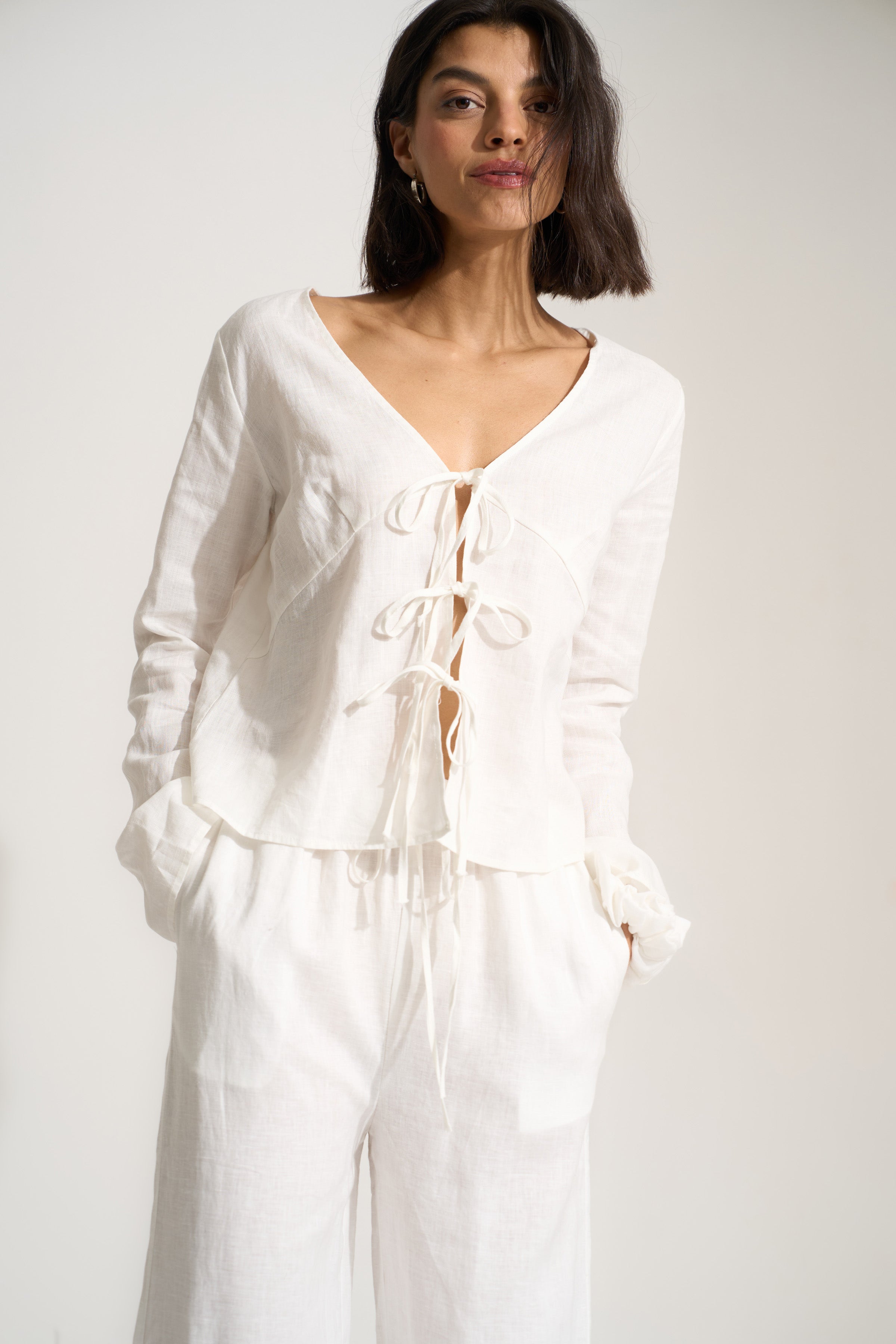 The Linen Tie Front Top - White