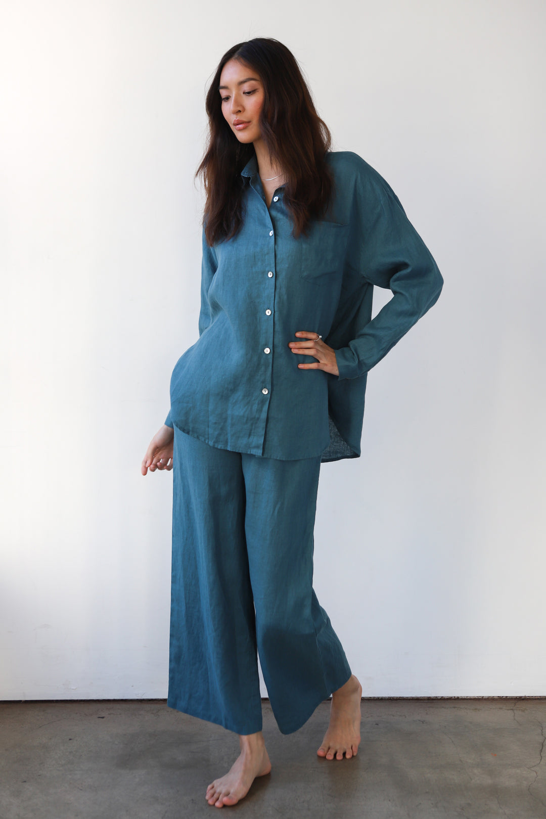 The Linen Drawstring Pant Set - Teal