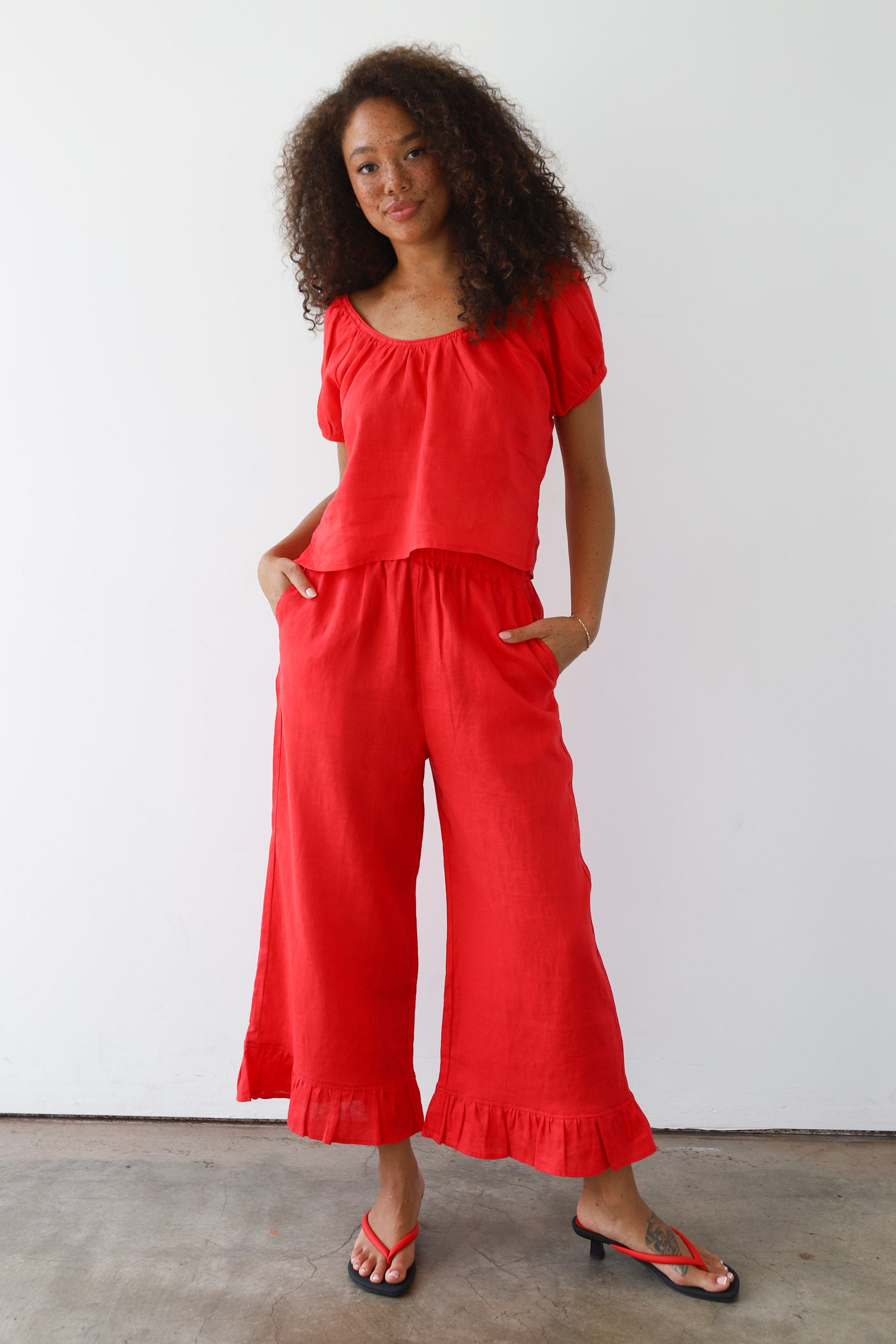 The Linen Chemise Top - Cherry