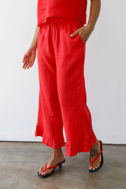 The Linen Ruffle Pant - Cherry