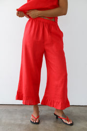 The Linen Ruffle Pant - Cherry