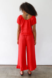 The Linen Ruffle Pant - Cherry