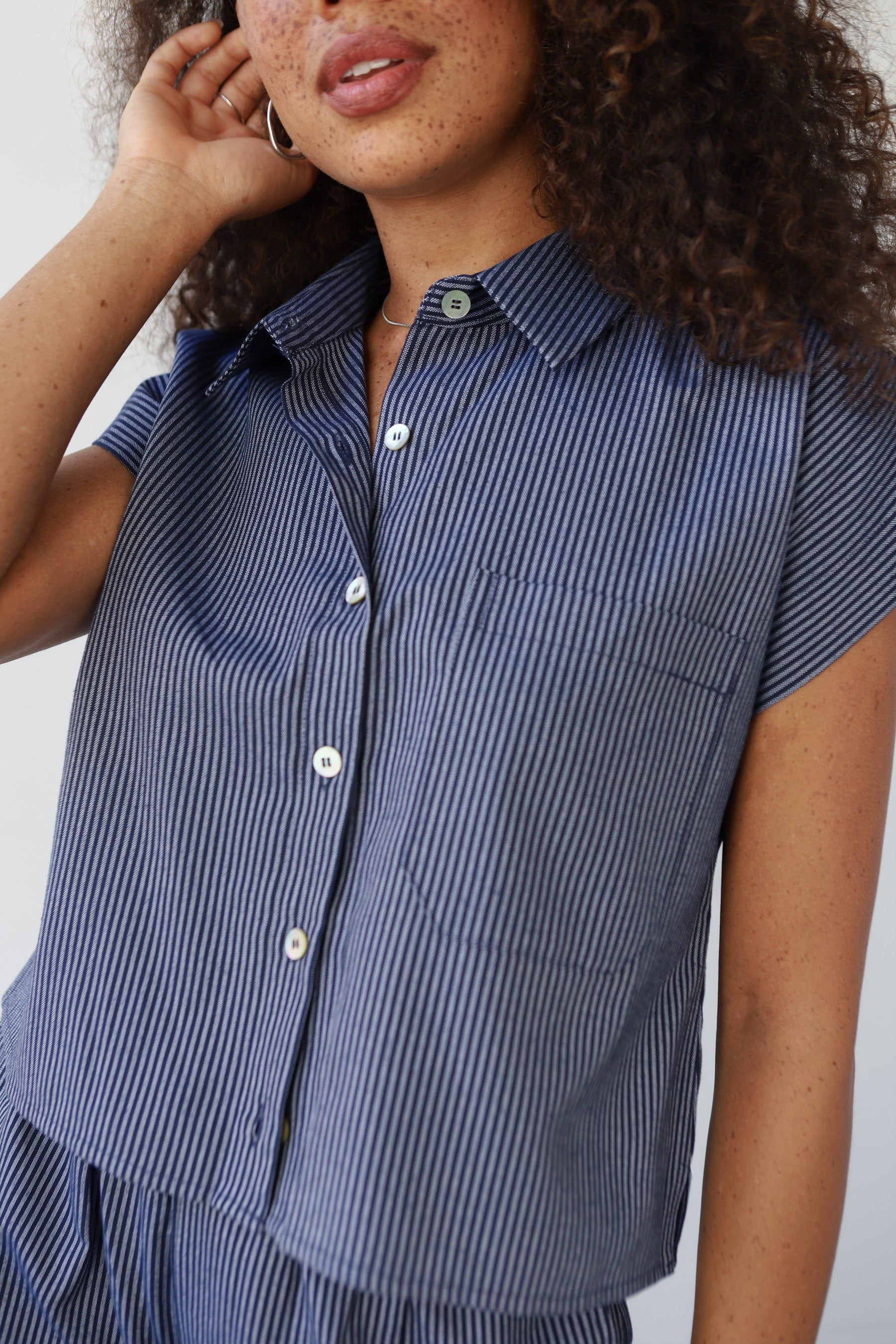 The Pinstripe Crop Button Down - Indigo