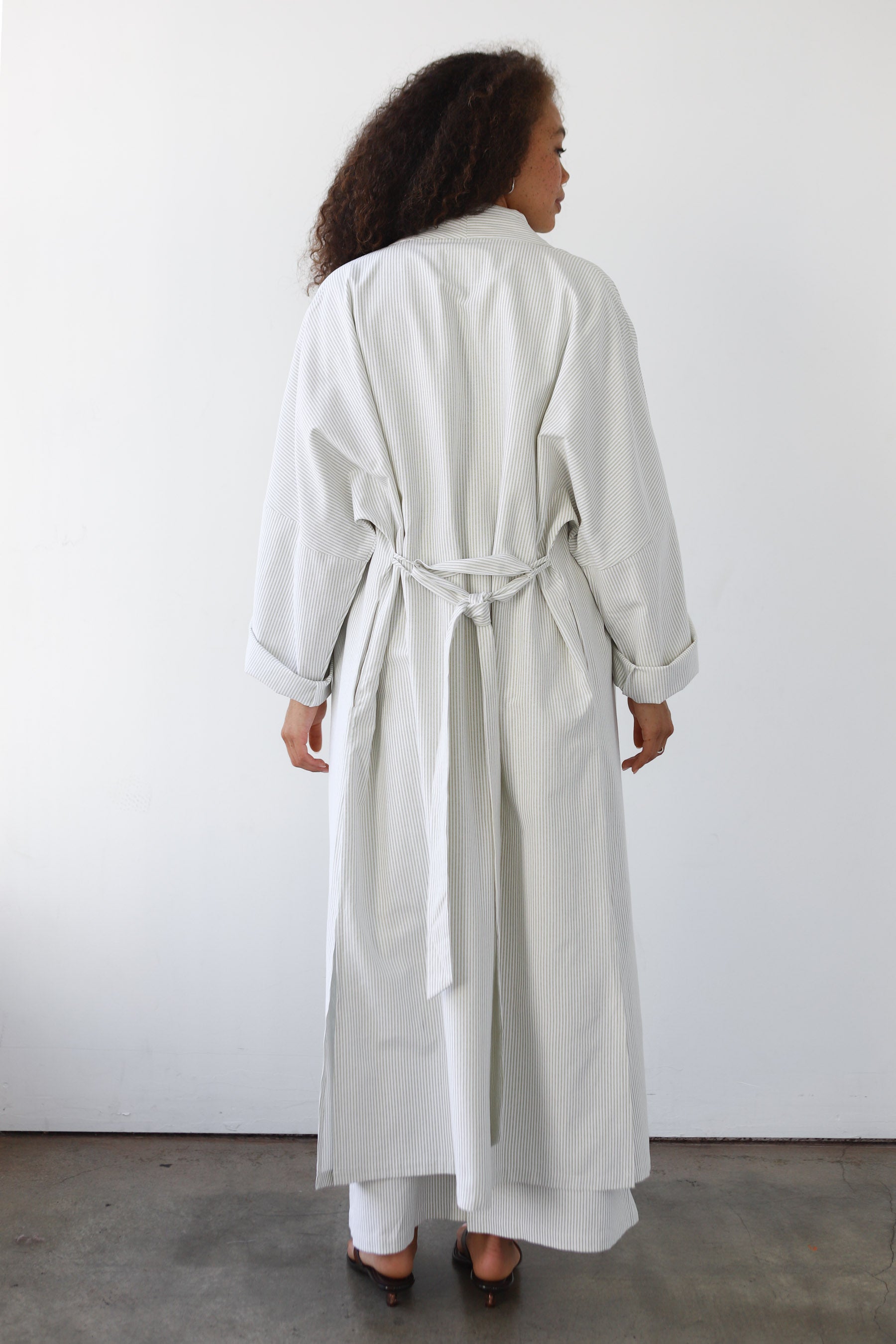 The Pinstripe Long Robe - Sage