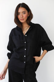 The Linen Cuffed Button Down - Black