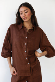 The Linen Cuffed Button Down - Chocolate