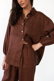 The Linen Cuffed Button Down - Chocolate