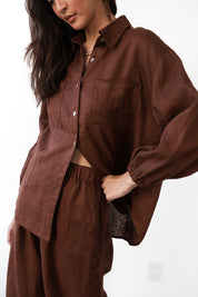 The Linen Cuffed Button Down - Chocolate