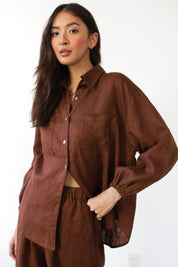 The Linen Cuffed Button Down - Chocolate