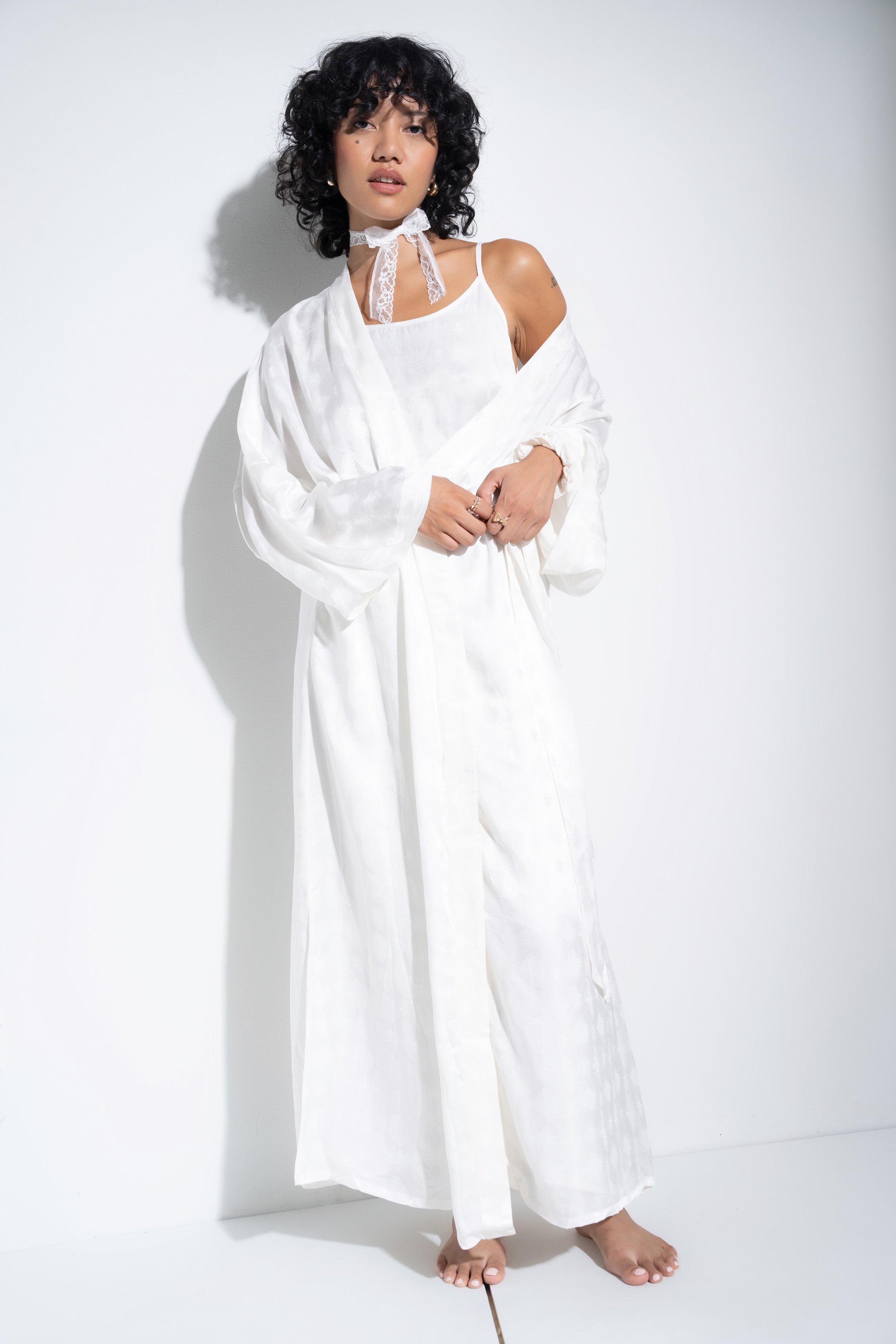 white robe dress Estelle Silk this robe enhances your bridal look with effortless charm. BELTED ROBE DRESS | salty