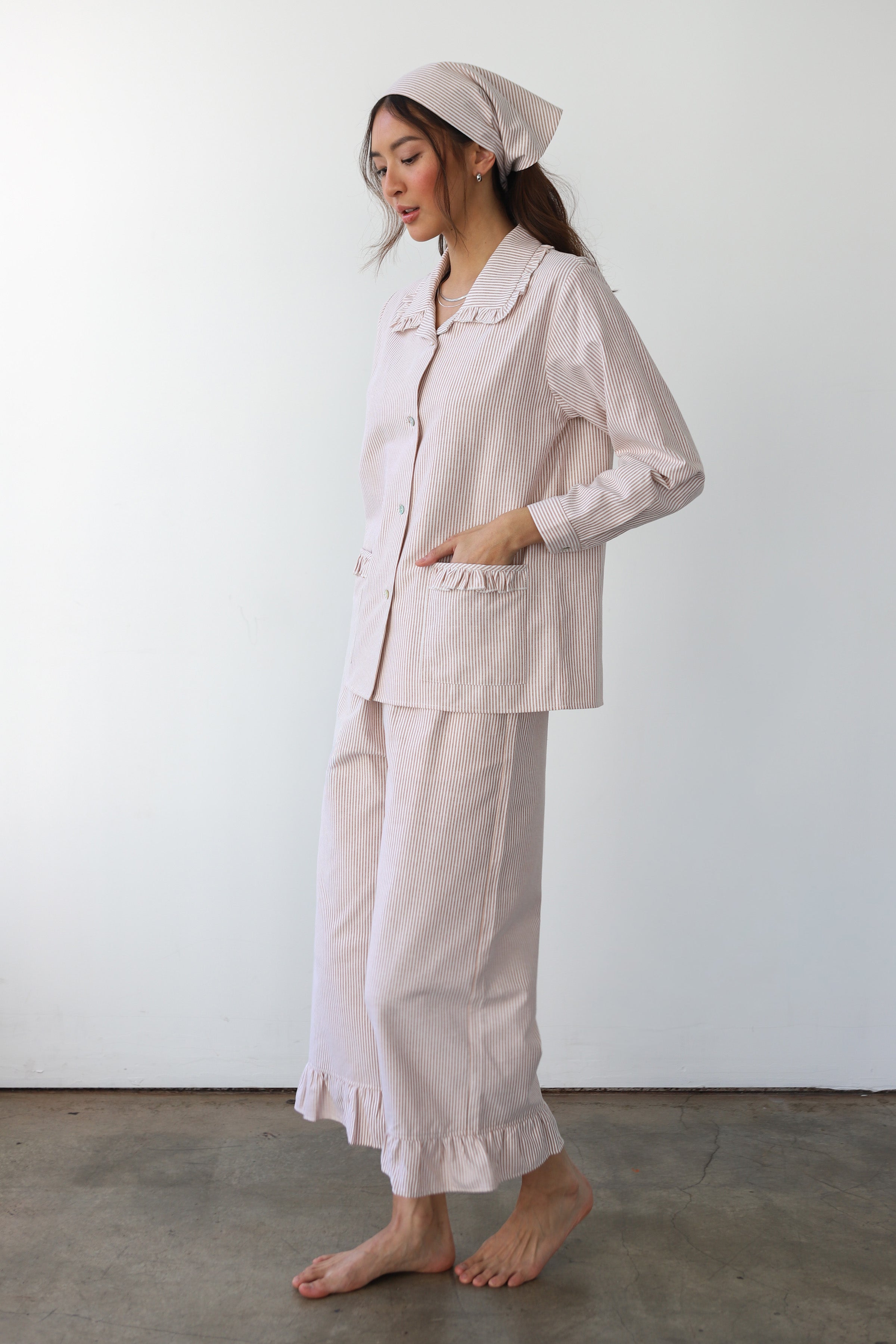 The Pinstripe Ruffle Pant - Chocolate
