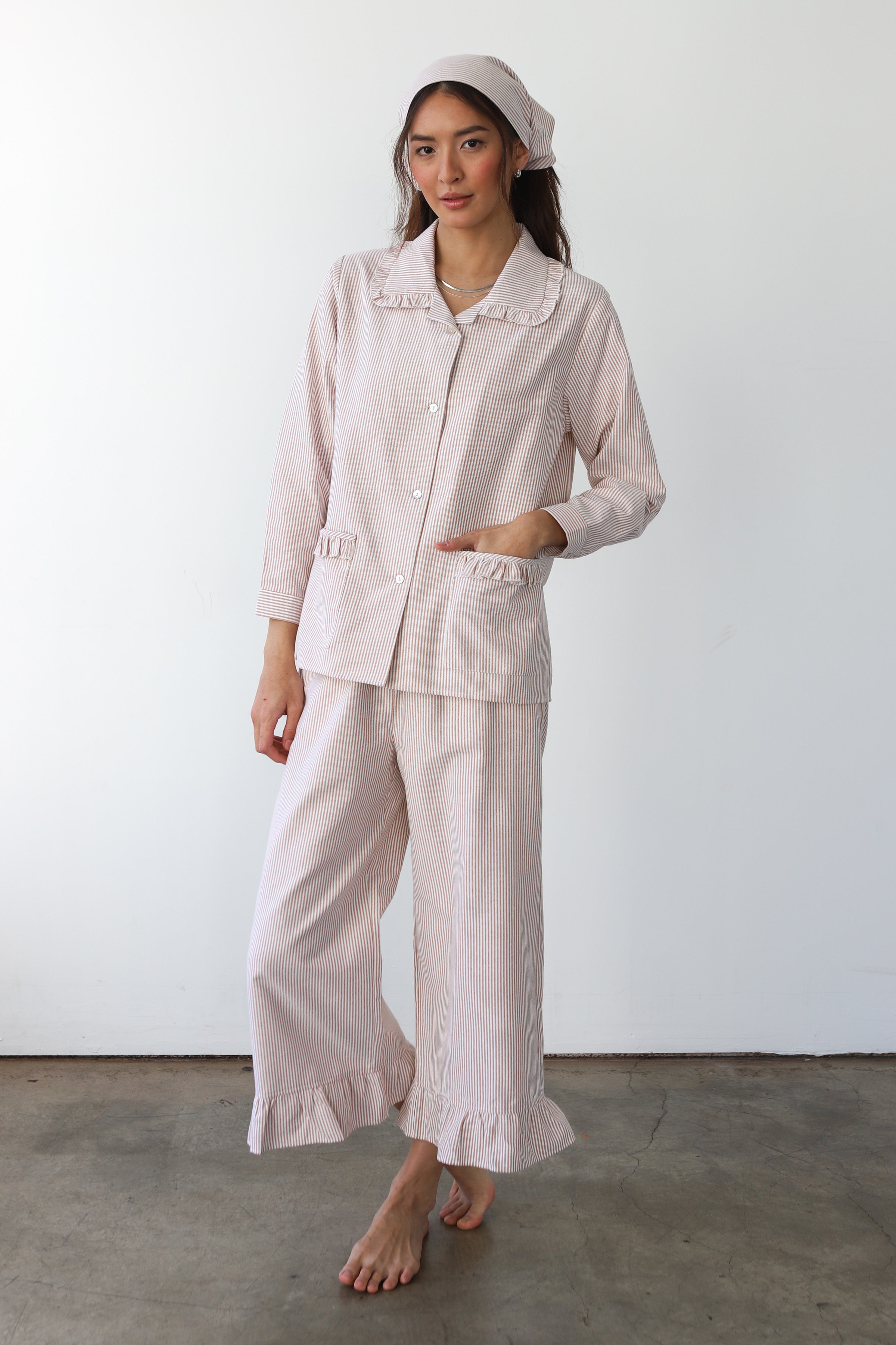 The Pinstripe Ruffle Pant - Chocolate