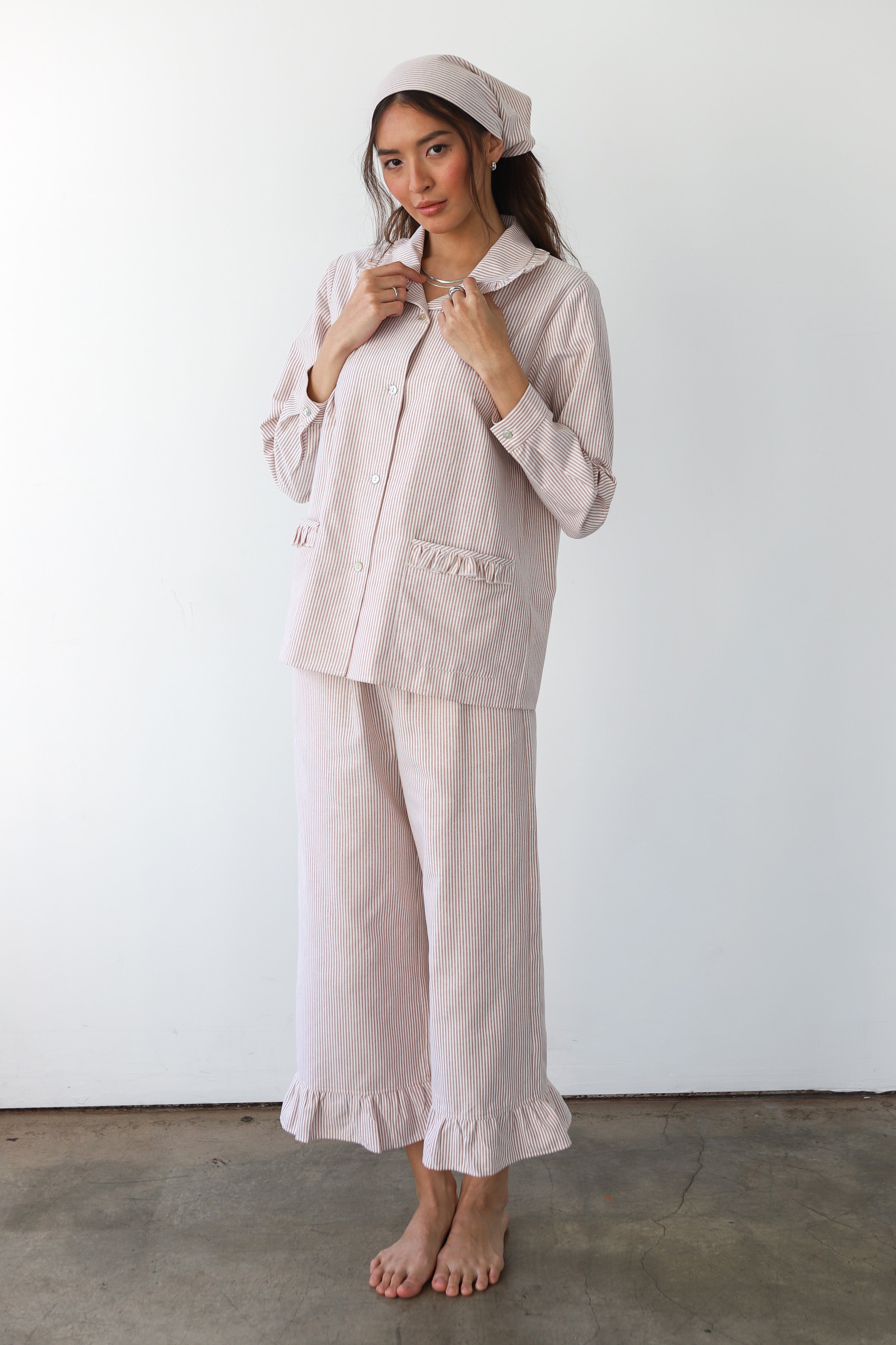 The Pinstripe Ruffle Pant - Chocolate