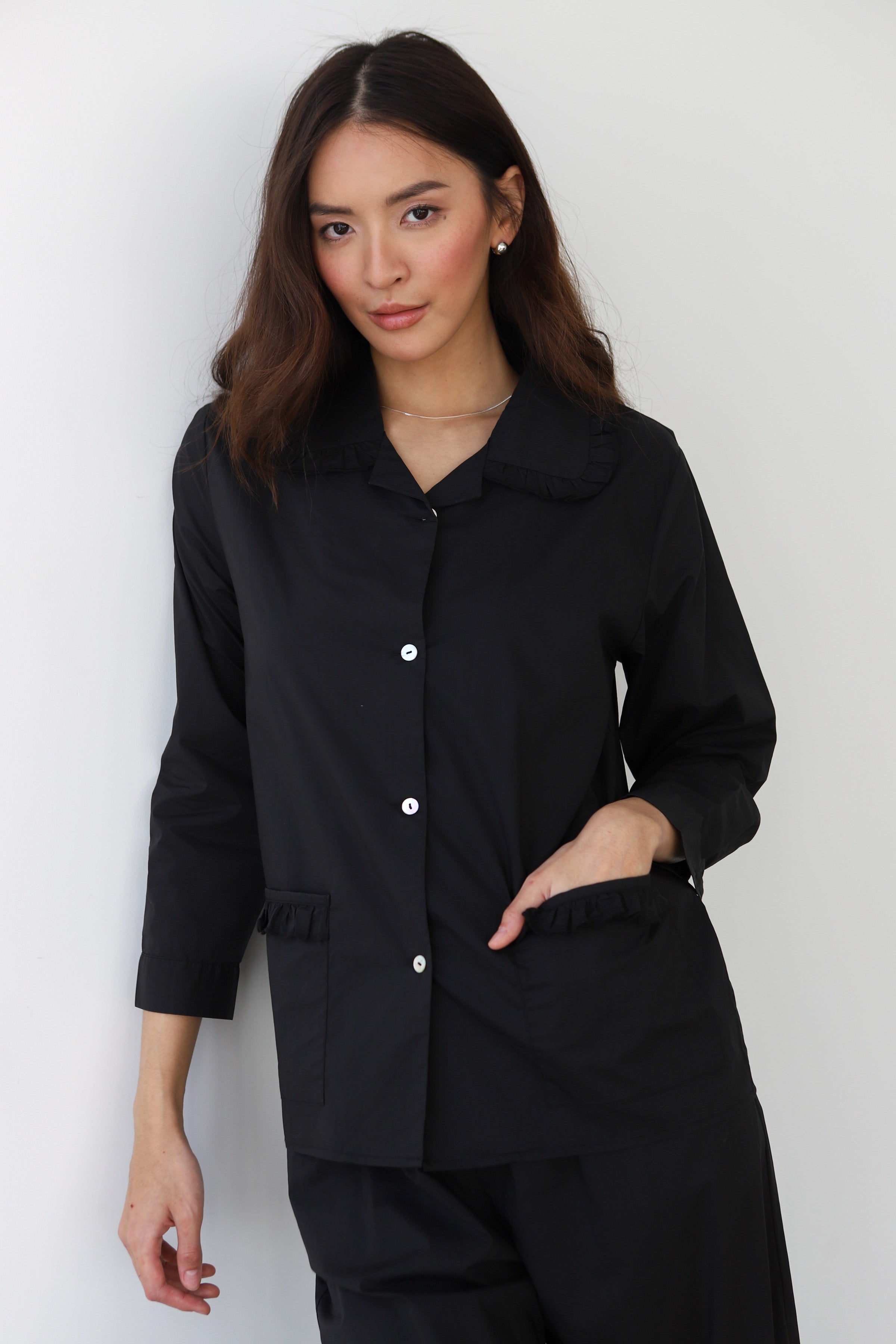 The Poplin Ruffle Nightshirt - Black