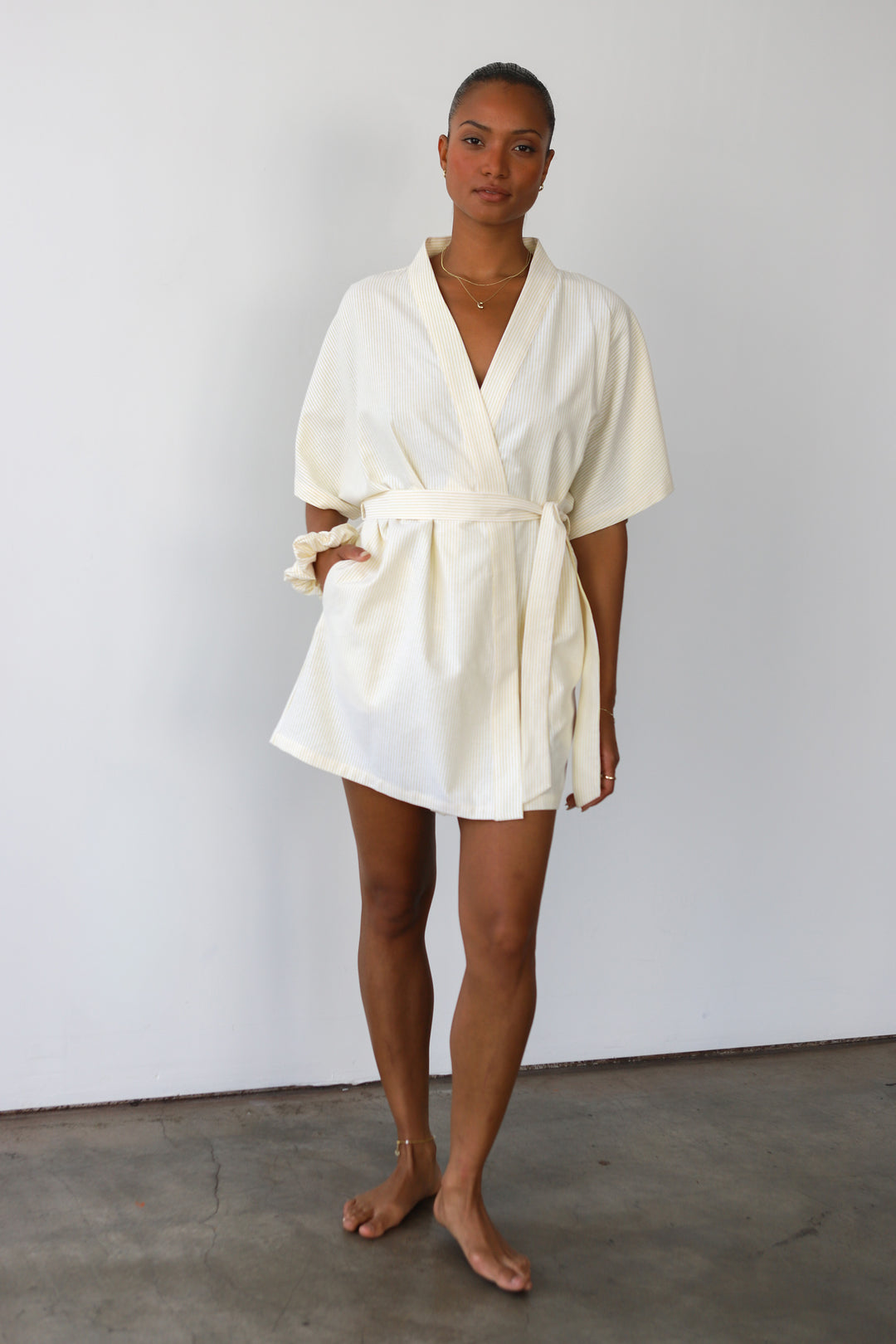 The Pinstripe Short Robe - Butter