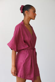 The Linen Short Robe - Plum