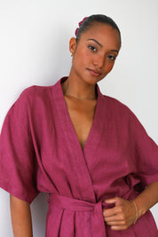 The Linen Short Robe - Plum